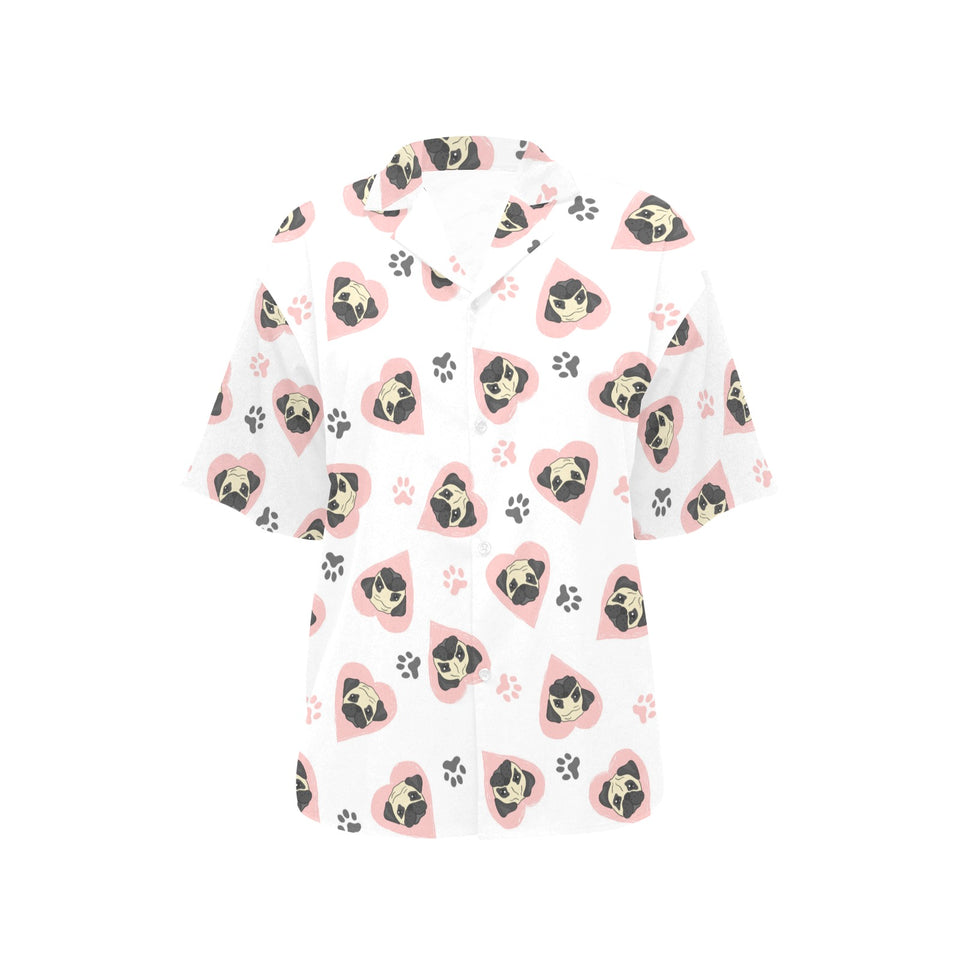 Cute pugs pink heart paw pattern Women's All Over Print Hawaiian Shirt