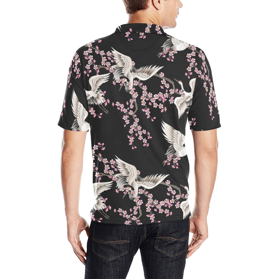 Japanese crane pink sakura pattern Men's All Over Print Polo Shirt