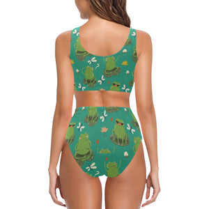 Cute frog dragonfly design pattern Chest Bowknot High Waisted Bikini Swimsuit