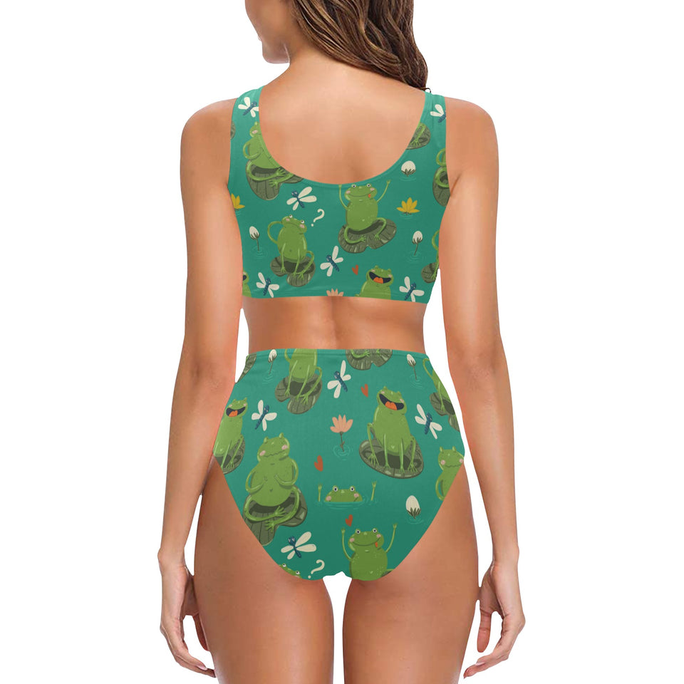 Cute frog dragonfly design pattern Chest Bowknot High Waisted Bikini Swimsuit