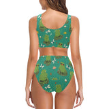 Cute frog dragonfly design pattern Chest Bowknot High Waisted Bikini Swimsuit