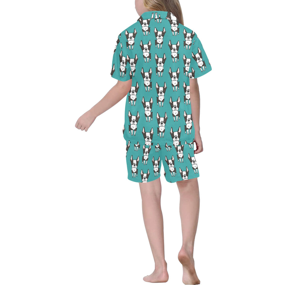 Hand drawn boston terrier dog pattern Kids' Boys' Girls' V-Neck Short Pajama Set
