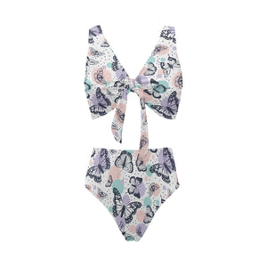 Butterfly pattern Chest Bowknot High Waisted Bikini Swimsuit