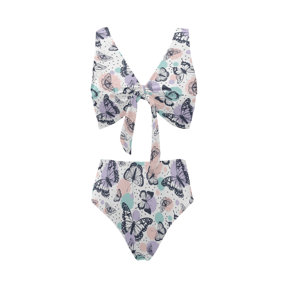 Butterfly pattern Chest Bowknot High Waisted Bikini Swimsuit