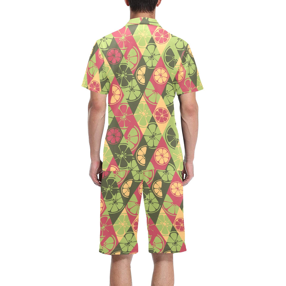 Cool Geometric lime pattern Men's V-Neck Short Pajama Set