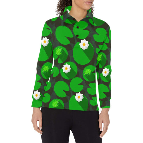 Frog waterlily pattern Women's Long Sleeve Polo Shirt