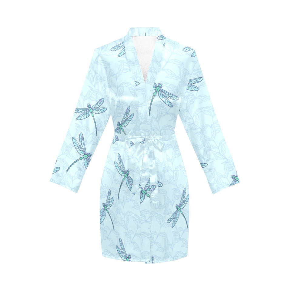 Dragonfly pattern blue background Women's Long Sleeve Belted Night Robe