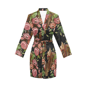 Horse head wild roses pattern Women's Long Sleeve Belted Night Robe