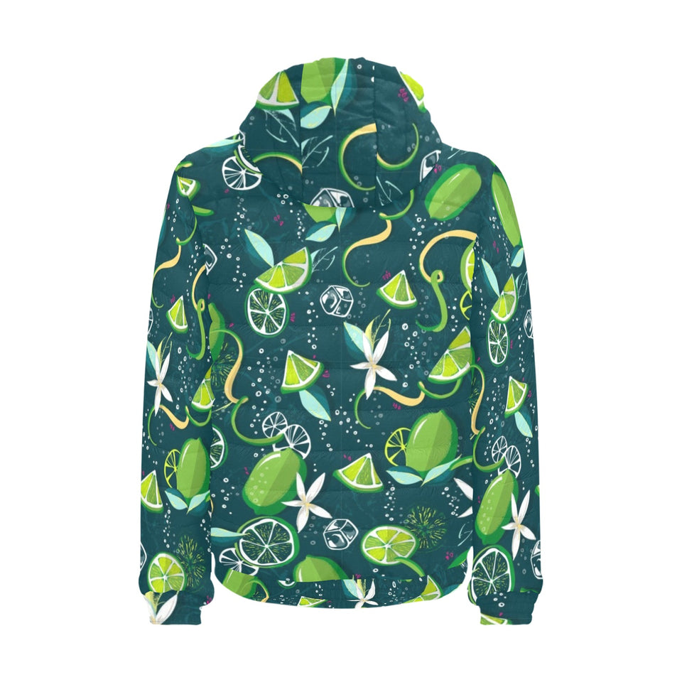 Lime ice flower pattern Men's Padded Hooded Jacket