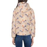 Cute rooster chicken cock floral ornament backgrou Women's Padded Hooded Jacket