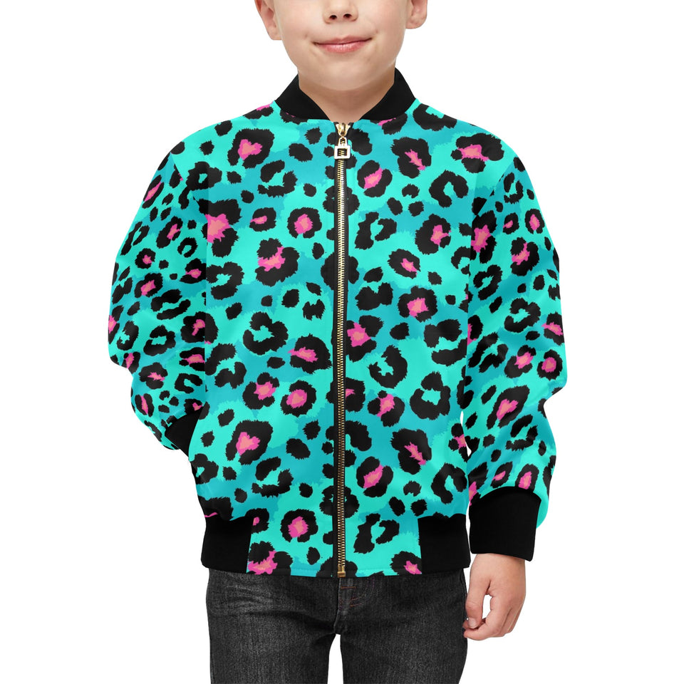 Green leopard skin print pattern Kids' Boys' Girls' Bomber Jacket