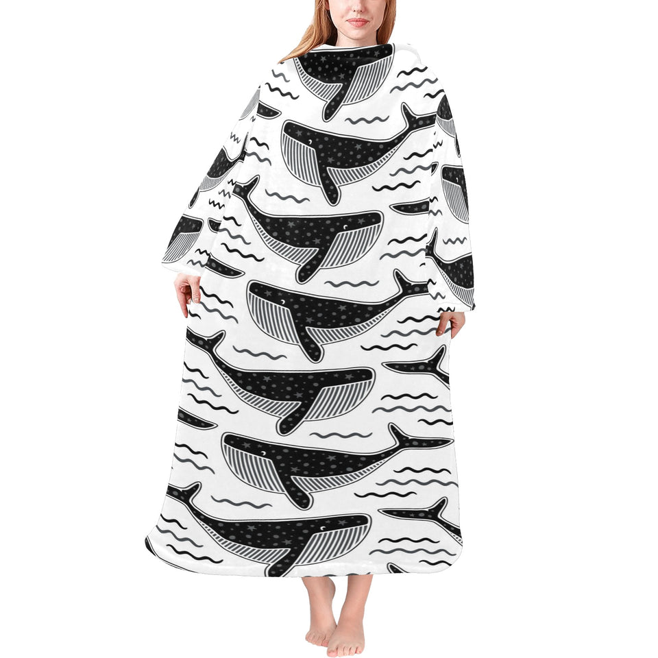 Black whale pattern Blanket Robe with Sleeves