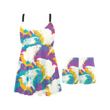 Colorful crow illustration pattern Chest Sexy Pleated Two Piece Swim Dress