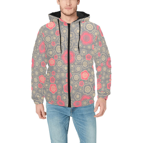 Red gold Sakura cherry blossom gray background Men's Padded Hooded Jacket