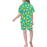 Pineapples pattern green background Kids' Boys' Girls' V-Neck Short Pajama Set