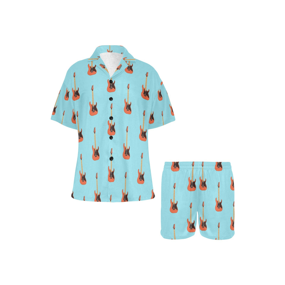 electric guitar pattern light blue background Women's V-Neck Short Pajama Set