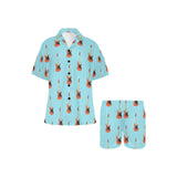 electric guitar pattern light blue background Women's V-Neck Short Pajama Set