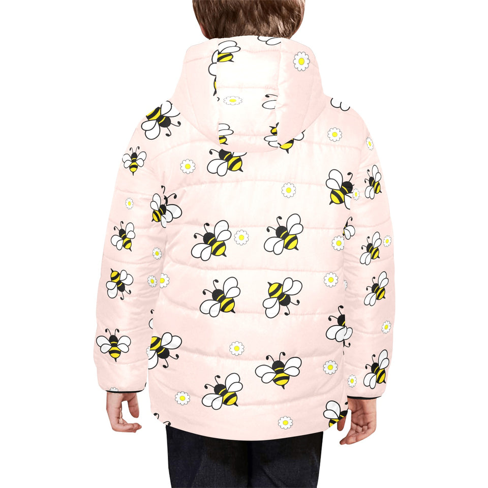 Cute bee flower pattern pink background Kids' Boys' Girls' Padded Hooded Jacket