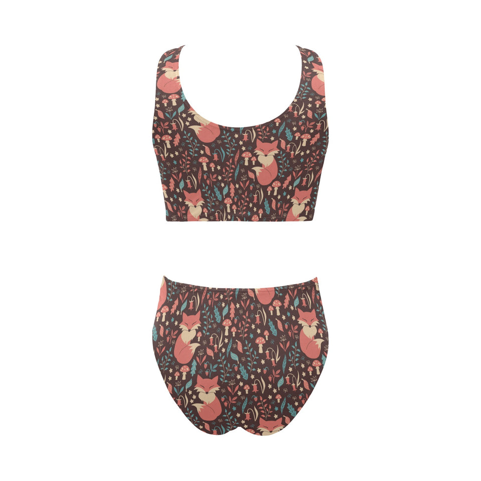 fox leaves mushroom pattern Chest Bowknot High Waisted Bikini Swimsuit