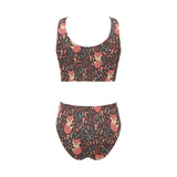fox leaves mushroom pattern Chest Bowknot High Waisted Bikini Swimsuit