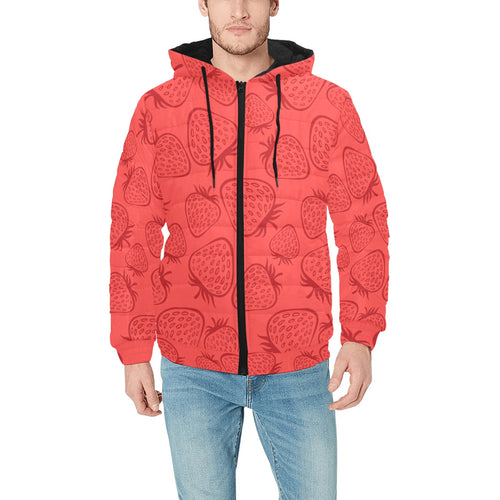 strawberry pattern red background Men's Padded Hooded Jacket
