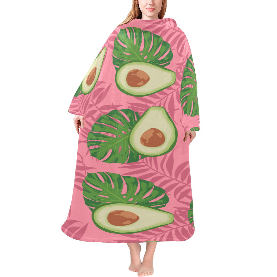 Avocado slices leaves pink back ground Blanket Robe with Sleeves