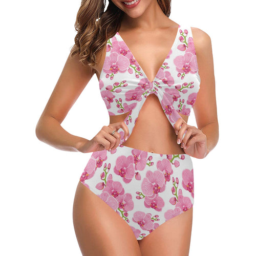 pink purple orchid pattern background Chest Bowknot High Waisted Bikini Swimsuit