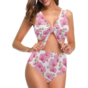 pink purple orchid pattern background Chest Bowknot High Waisted Bikini Swimsuit