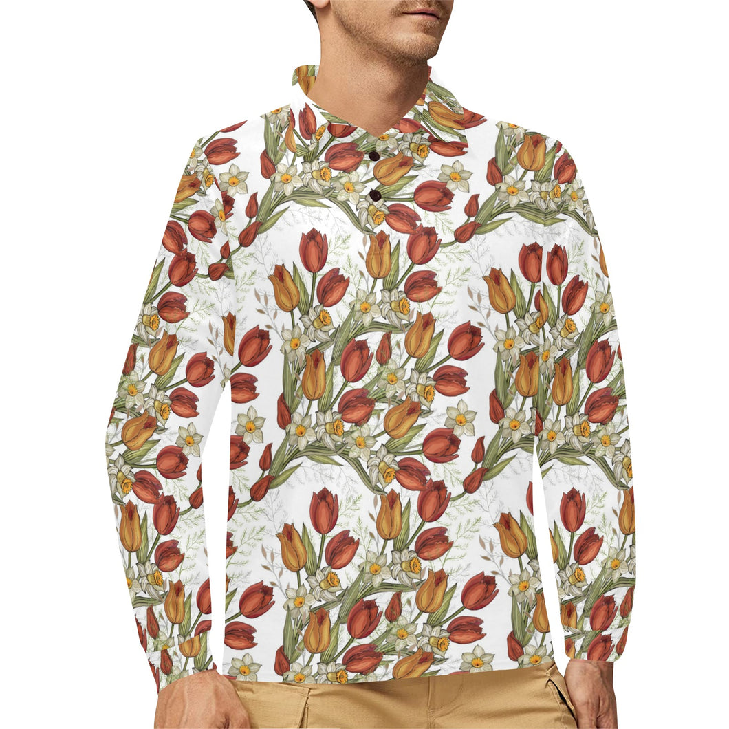 Red tulips and daffodils pattern Men's Long Sleeve Polo Shirt