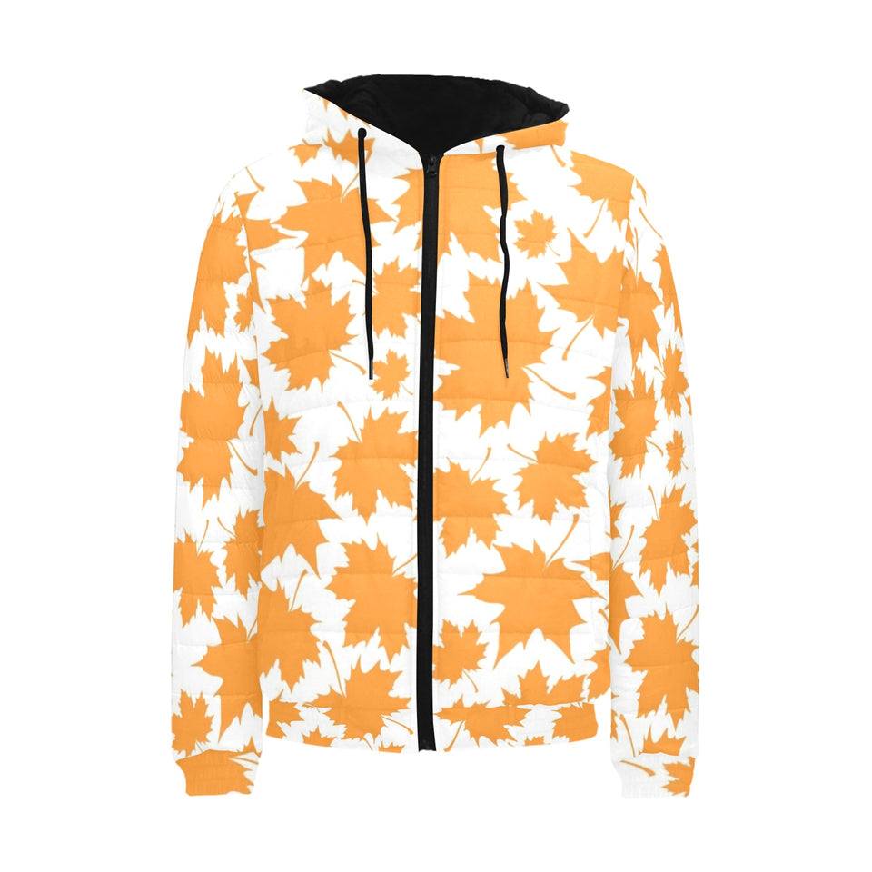 Orange Maple Leaf pattern Men's Padded Hooded Jacket