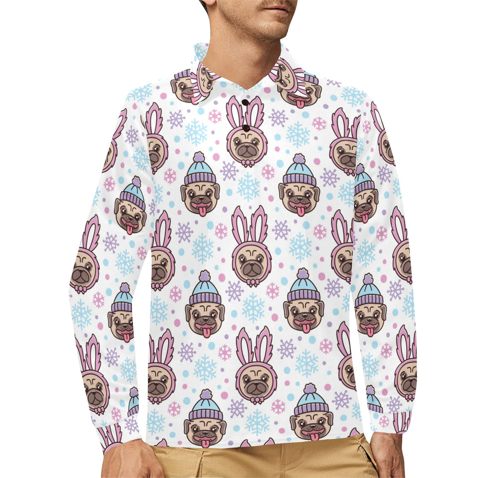Cute pug hat rabbit costume pattern Men's Long Sleeve Polo Shirt