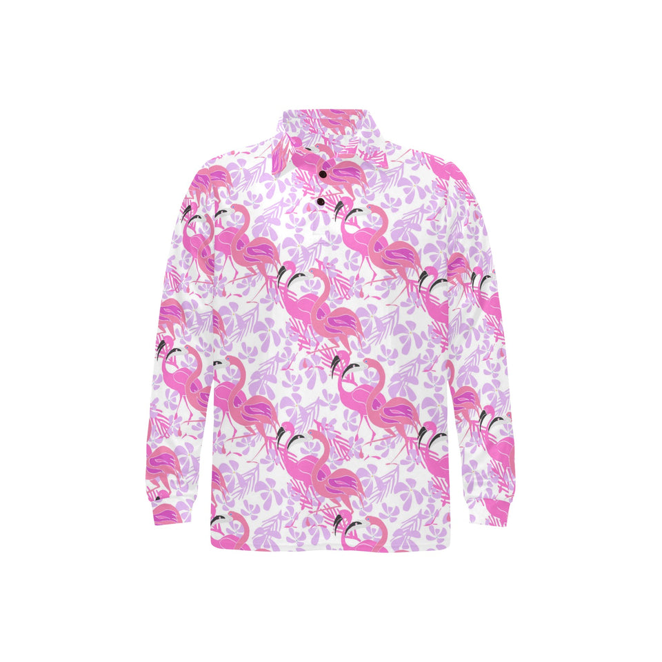 Pink flamingo flower pattern Men's Long Sleeve Polo Shirt