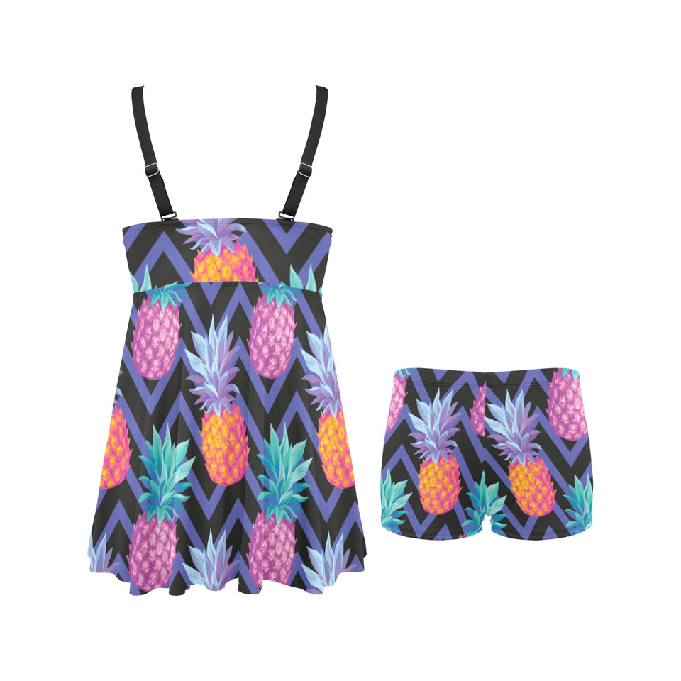 Pineapples pattern zigzag background Chest Sexy Pleated Two Piece Swim Dress