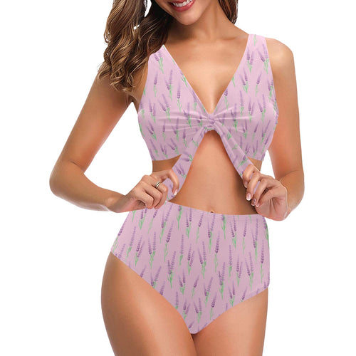 Lavender pattern pink background Chest Bowknot High Waisted Bikini Swimsuit