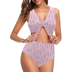 Lavender pattern pink background Chest Bowknot High Waisted Bikini Swimsuit
