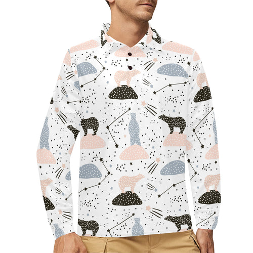 Polar bears star poka dot pattern Men's Long Sleeve Polo Shirt