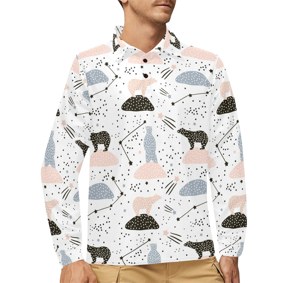 Polar bears star poka dot pattern Men's Long Sleeve Polo Shirt