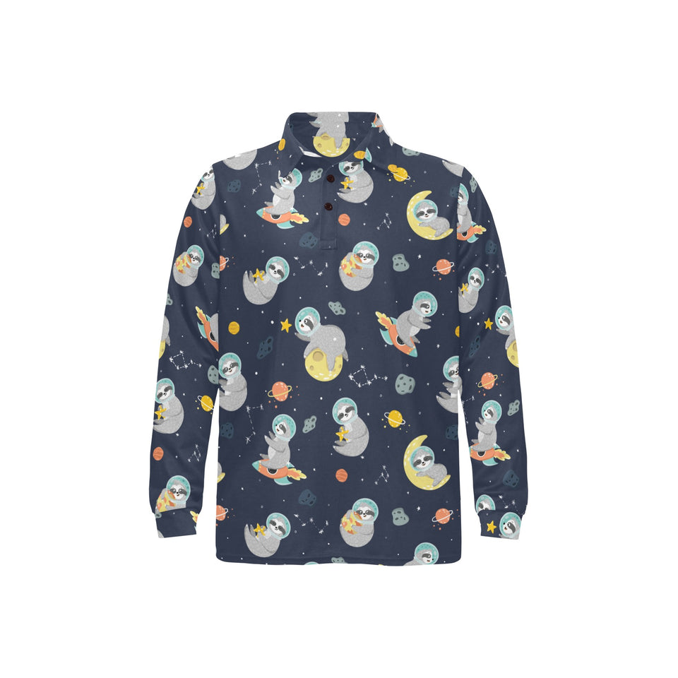 Cute sloth astronaut star planet rocket pattern Men's Long Sleeve Polo Shirt