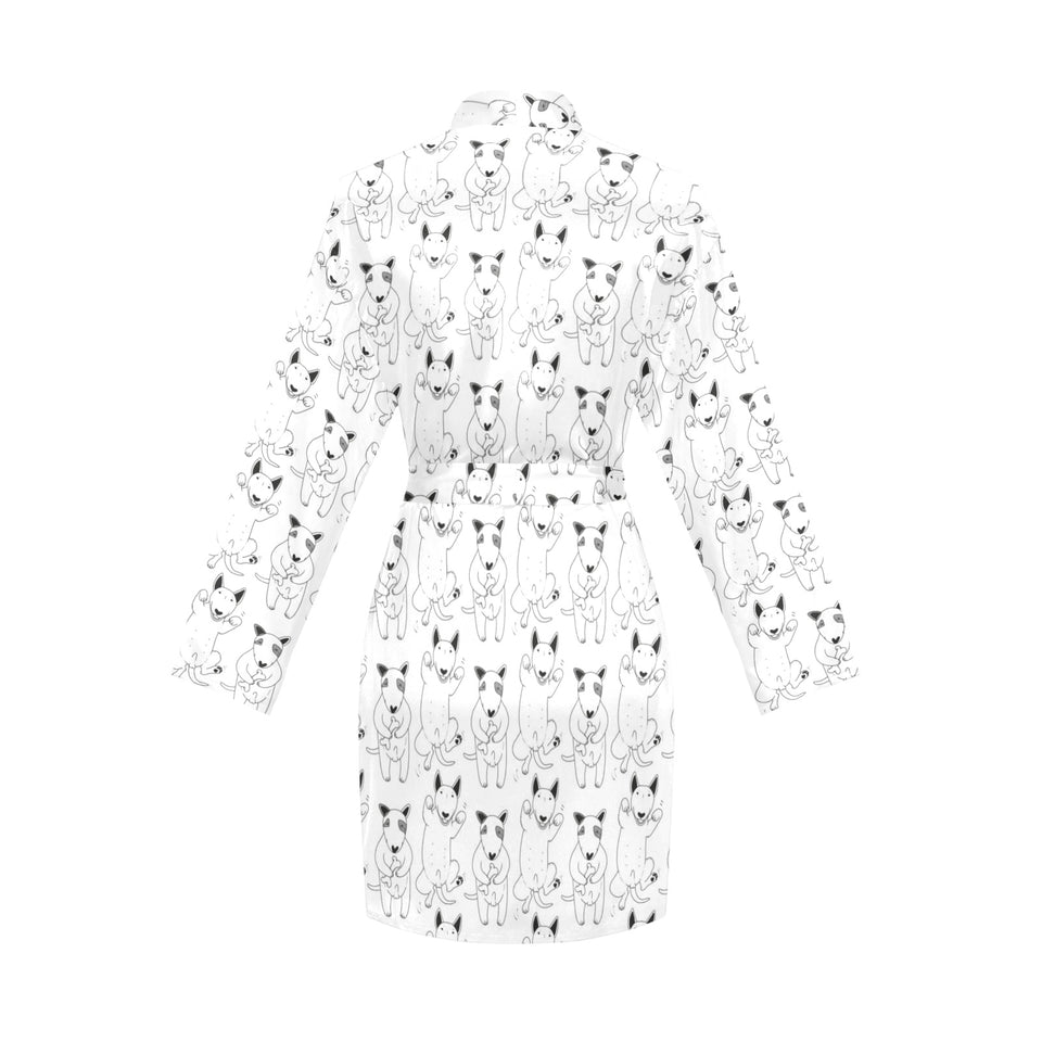Bull Terrier Pattern Print Design 02 Women's Long Sleeve Belted Night Robe