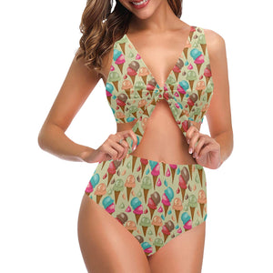 Colorful ice cream pattern Chest Bowknot High Waisted Bikini Swimsuit