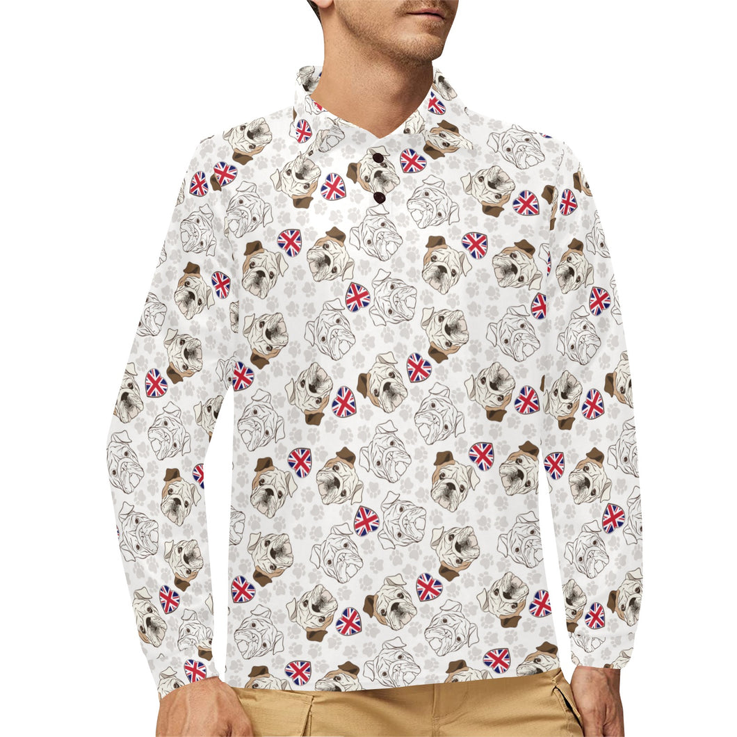 English Bulldog Pattern Print Design 01 Men's Long Sleeve Polo Shirt