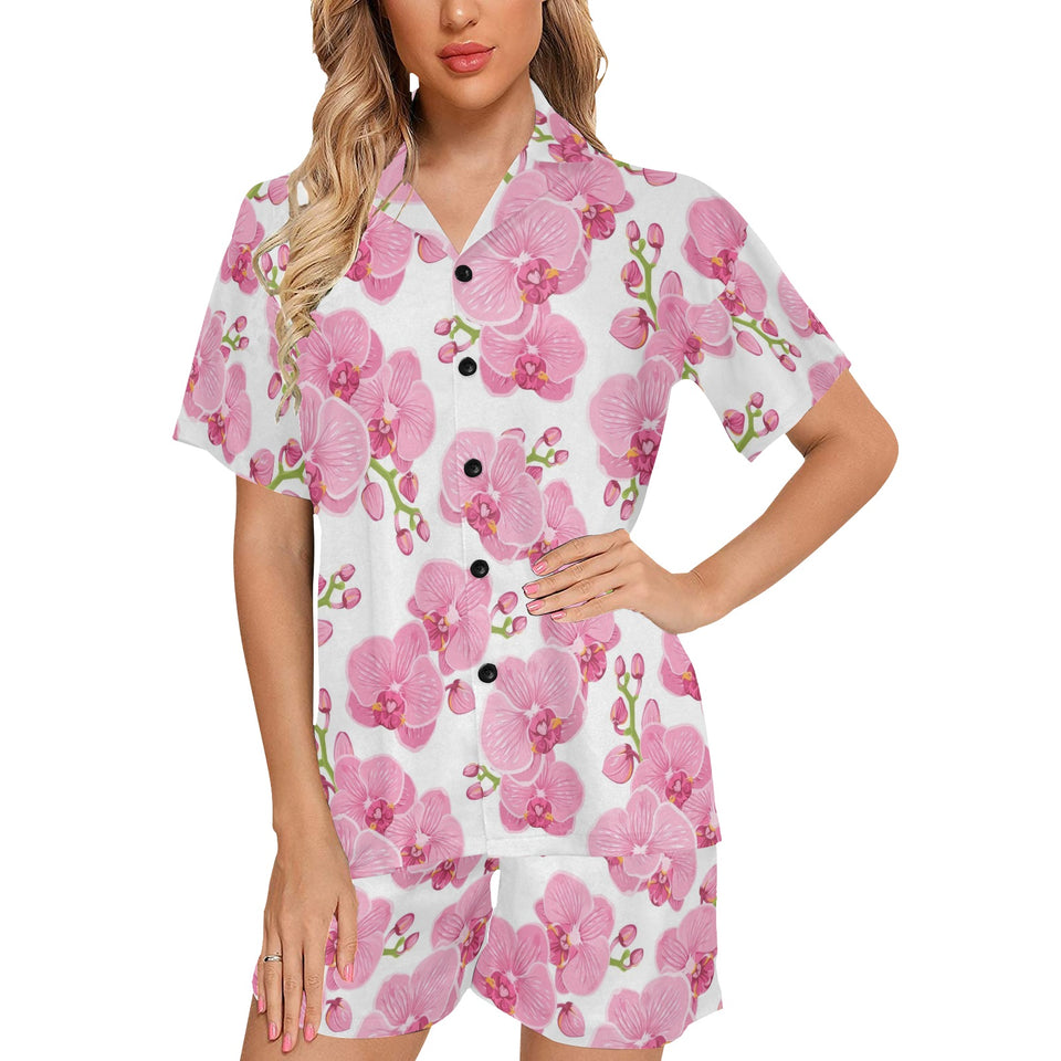 pink purple orchid pattern background Women's V-Neck Short Pajama Set