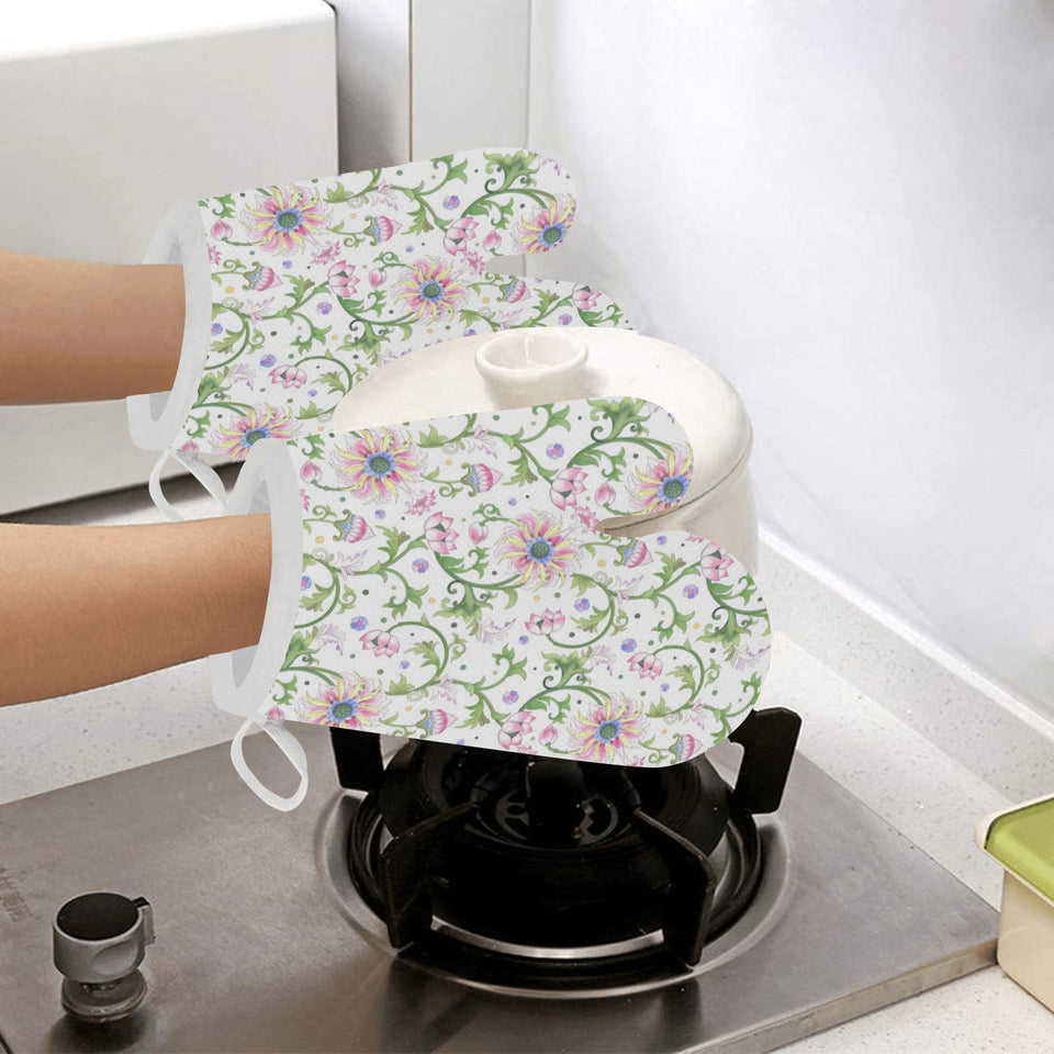 Beautiful pink lotus waterlily leaves pattern Heat Resistant Oven Mitts