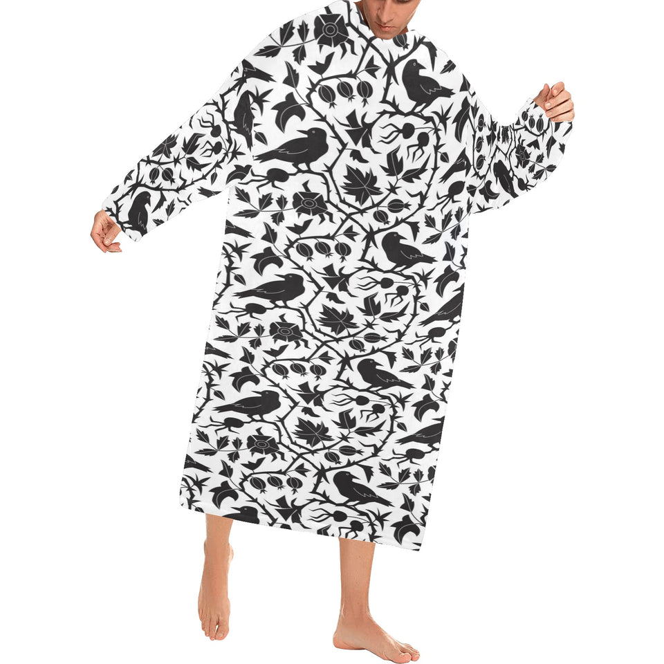 Crow dark floral pattern Blanket Robe with Sleeves