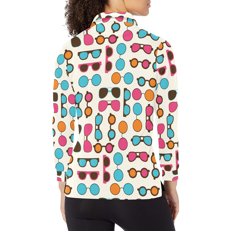 Sun Glasses Pattern Print Design 03 Women's Long Sleeve Polo Shirt