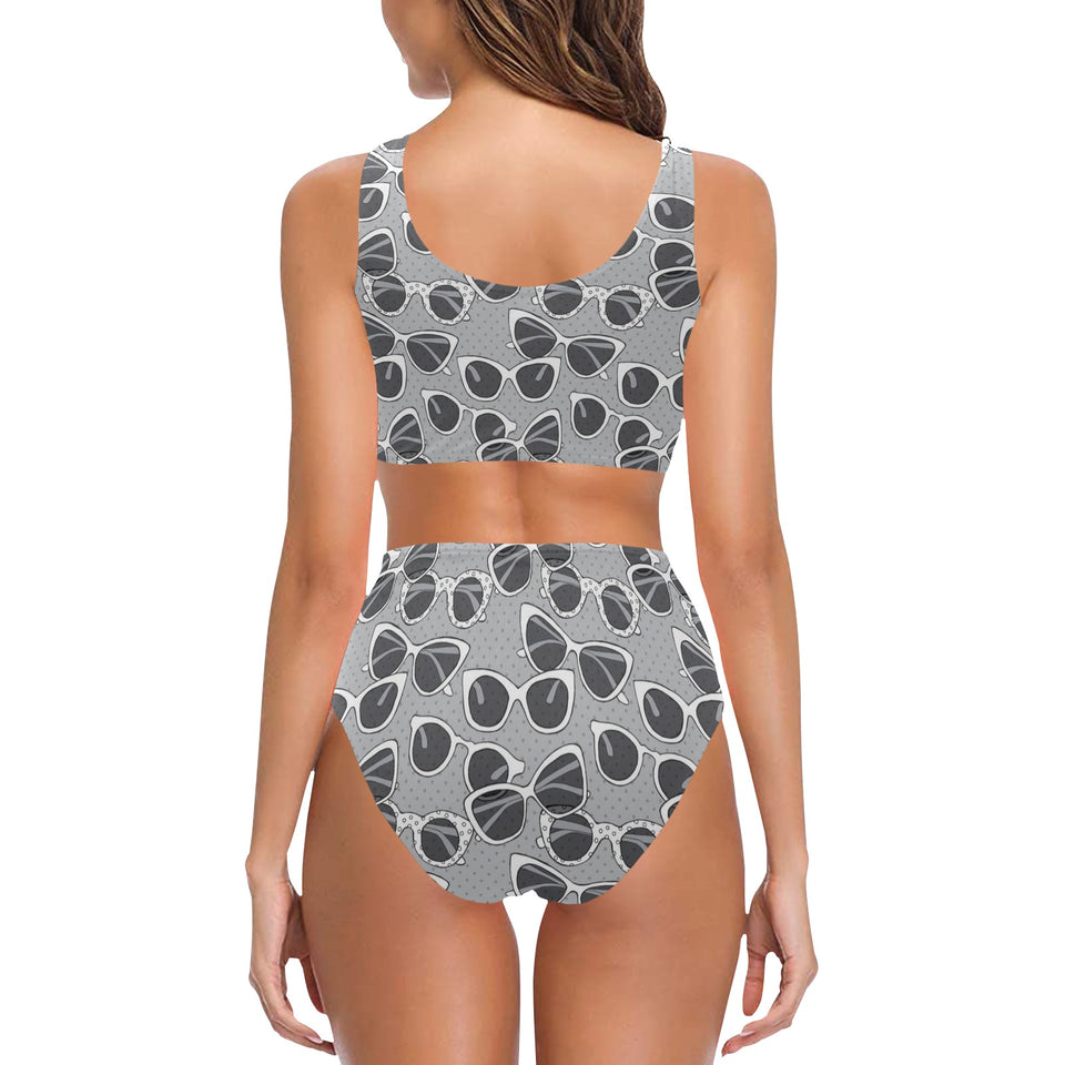 Sun Glasses Pattern Print Design 04 Chest Bowknot High Waisted Bikini Swimsuit