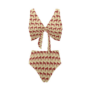 Greyhound Pattern Print Design 04 Chest Bowknot High Waisted Bikini Swimsuit