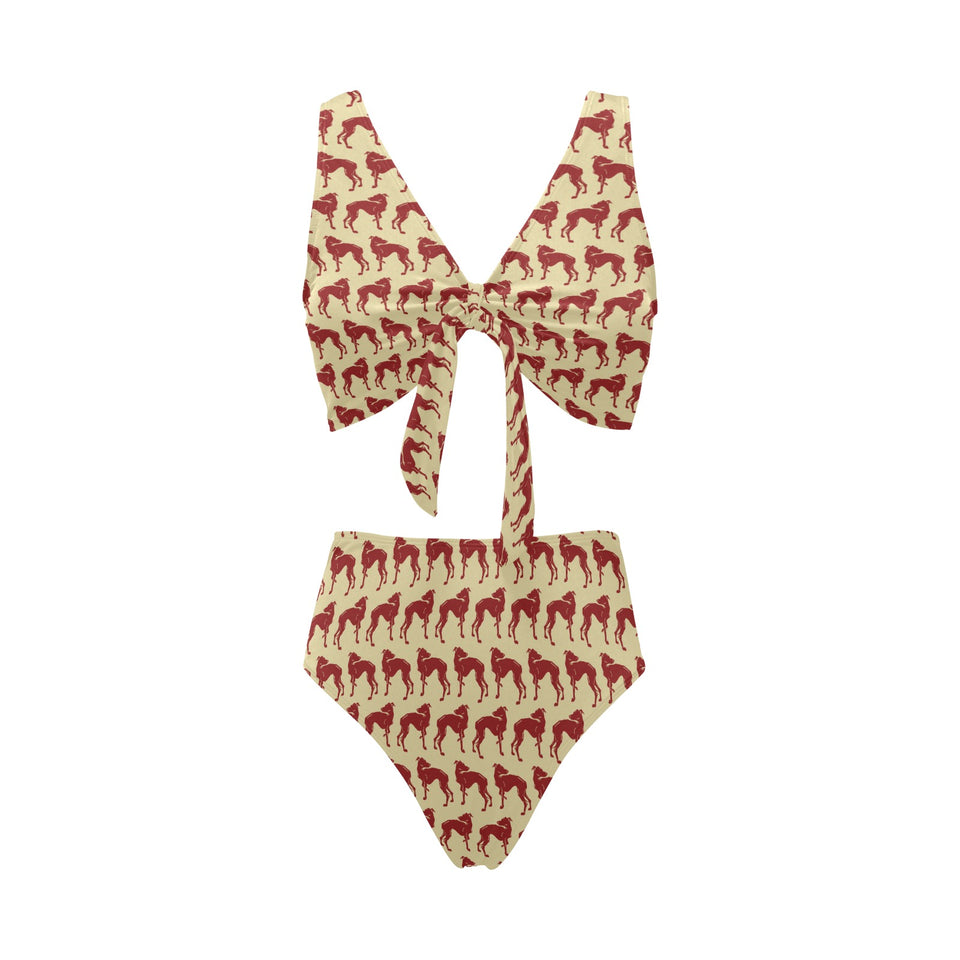 Greyhound Pattern Print Design 04 Chest Bowknot High Waisted Bikini Swimsuit