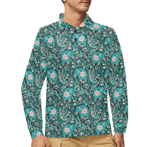 Elephants jungle pattern Men's Long Sleeve Polo Shirt