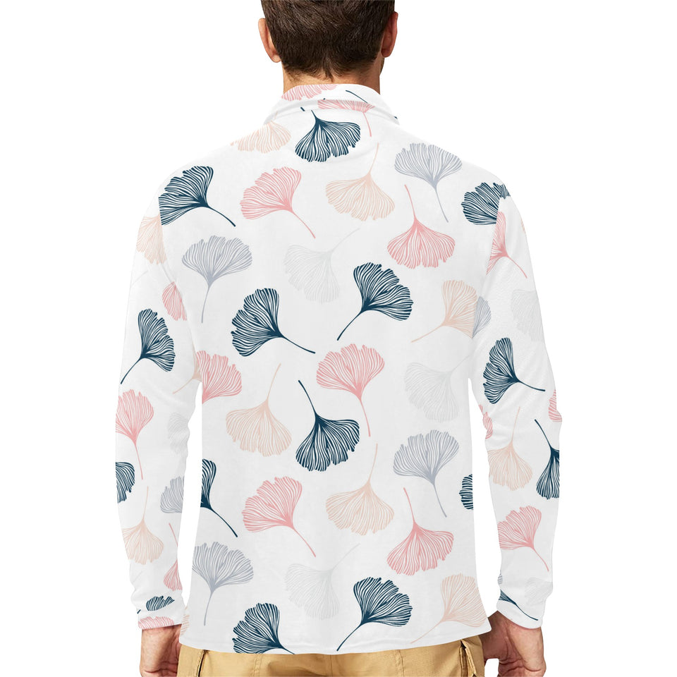 Black Gray Cream coral ginkgo leaves pattern Men's Long Sleeve Polo Shirt
